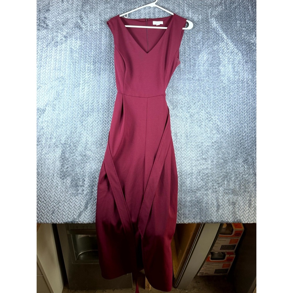 Calvin Klein Womens Jumpsuit 14 Burgundy V-Neck Sleeveless Tie Waist Wide Leg